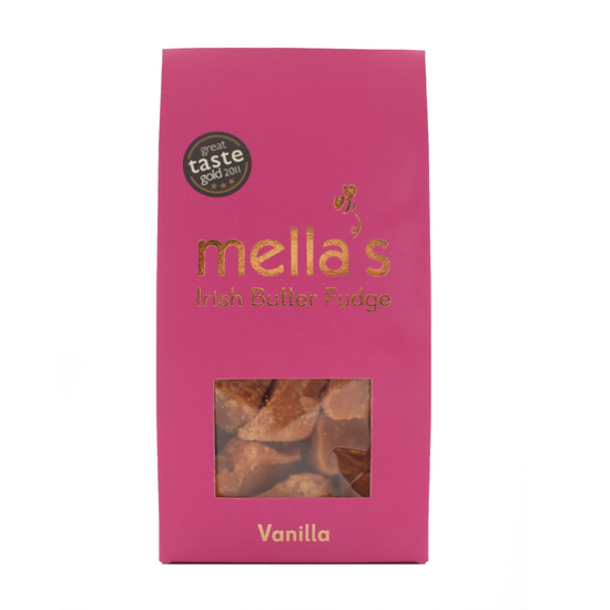 Mella’s Vanilla Fudge – Handmade in Clonakilty with West Cork butter, featuring a crumbly texture and rich vanilla flavour, packaged in a pink box.