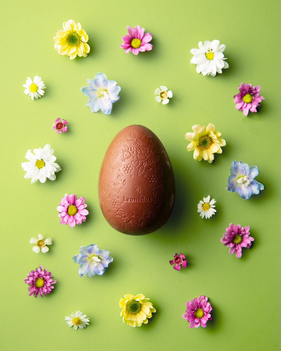 Leonidas Easter egg in milk chocolate on a green background with flowers.