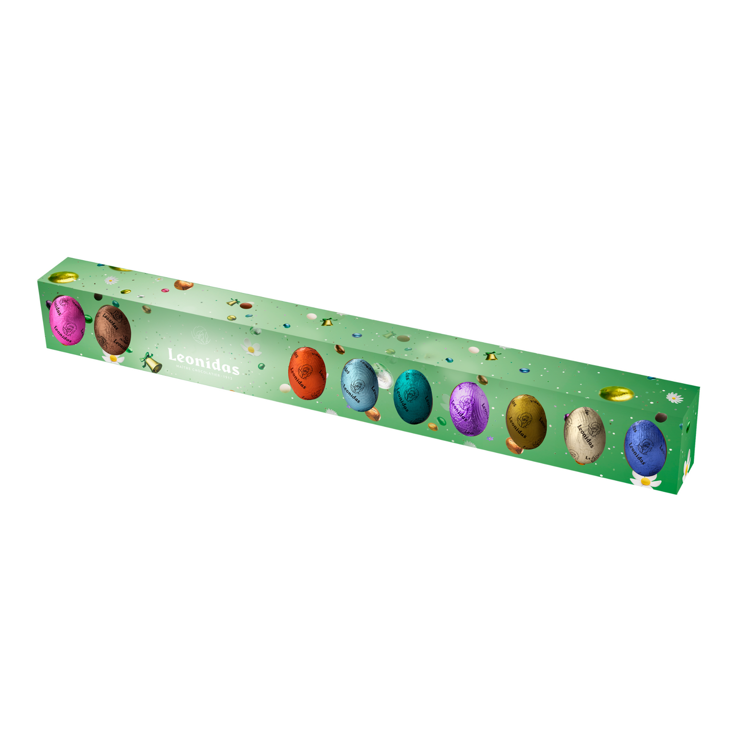 Easter themed tube containing 12 colourful mini eggs in milk, white, and dark chocolate.