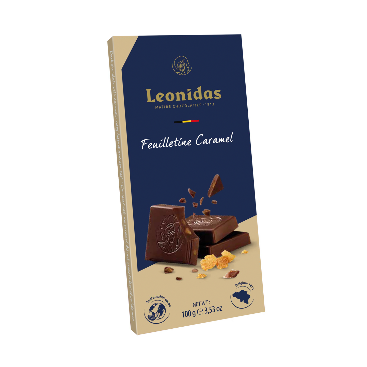 Dark Chocolate Feuilletine Caramel Bar – Rich dark chocolate with smooth caramel, crispy biscuit, and a hint of sea salt for a balanced sweet and savoury treat.