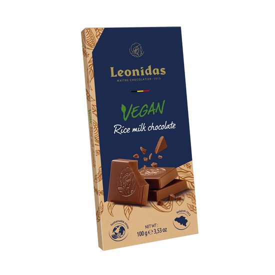 Vegan milk chocolate bar sweetened with rice syrup for a smooth, delicious flavour, crafted with plant-based ingredients.