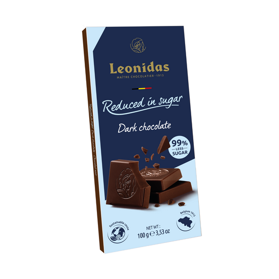 Reduced in Sugar Dark Chocolate Bar – 100g tablet with 99% less sugar, offering a rich, bold, and decadent chocolate flavour.