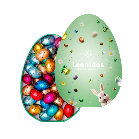 Easter Mini Eggs Gift Box – A green Easter-themed box filled with milk, white, and dark chocolate mini eggs, each individually wrapped in vibrant colours.